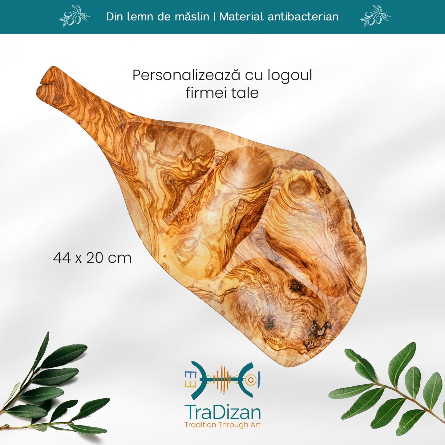 Platou servire cu mâner Campania 4 compartimente din lemn de măslin