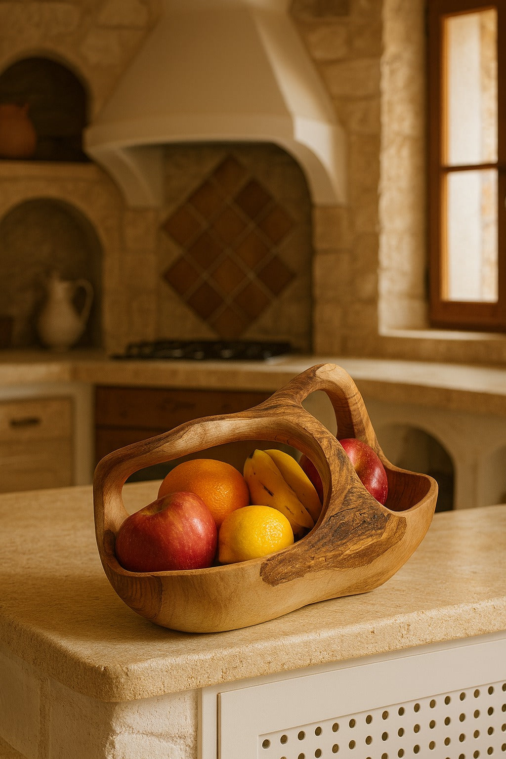 Fructiera din lemn de măslin cu mâner 35 cm