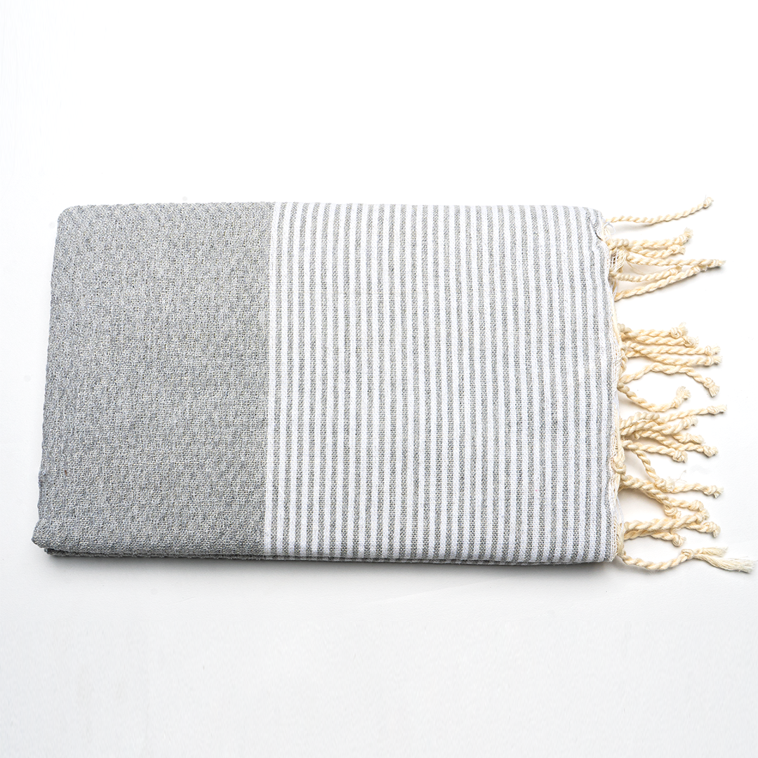 Prosop Plajă | Fouta |Tunis Gri Deschis Cu Dungi Albe 200 x 100 cm
