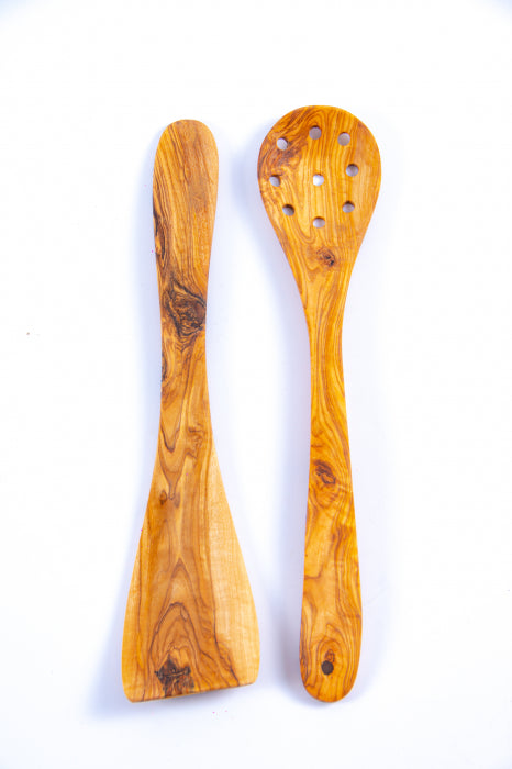 Set Corsica spatulă și lingură cu găuri din lemn măslin 30 | 35 cm