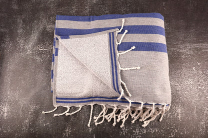 Prosop Din Bumbac Baie | Plajă | SPA | Nisa Gri Cu Dungi Albastru Marin 200 x 100 cm