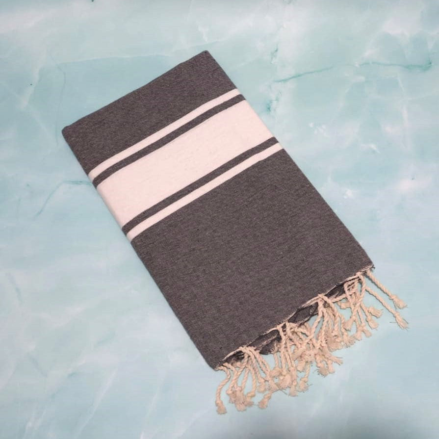 Плажна кърпа Fouta | Тунис | Тъмно сиво с бели райета 200 х 100 см