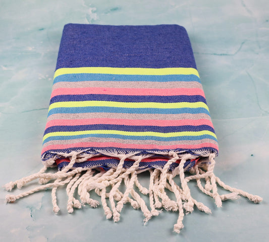 Prosop plajă | Fouta |Tunis albastru cu dungi multicolor