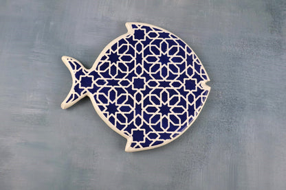 Platou tip pește din ceramica | albastru alb