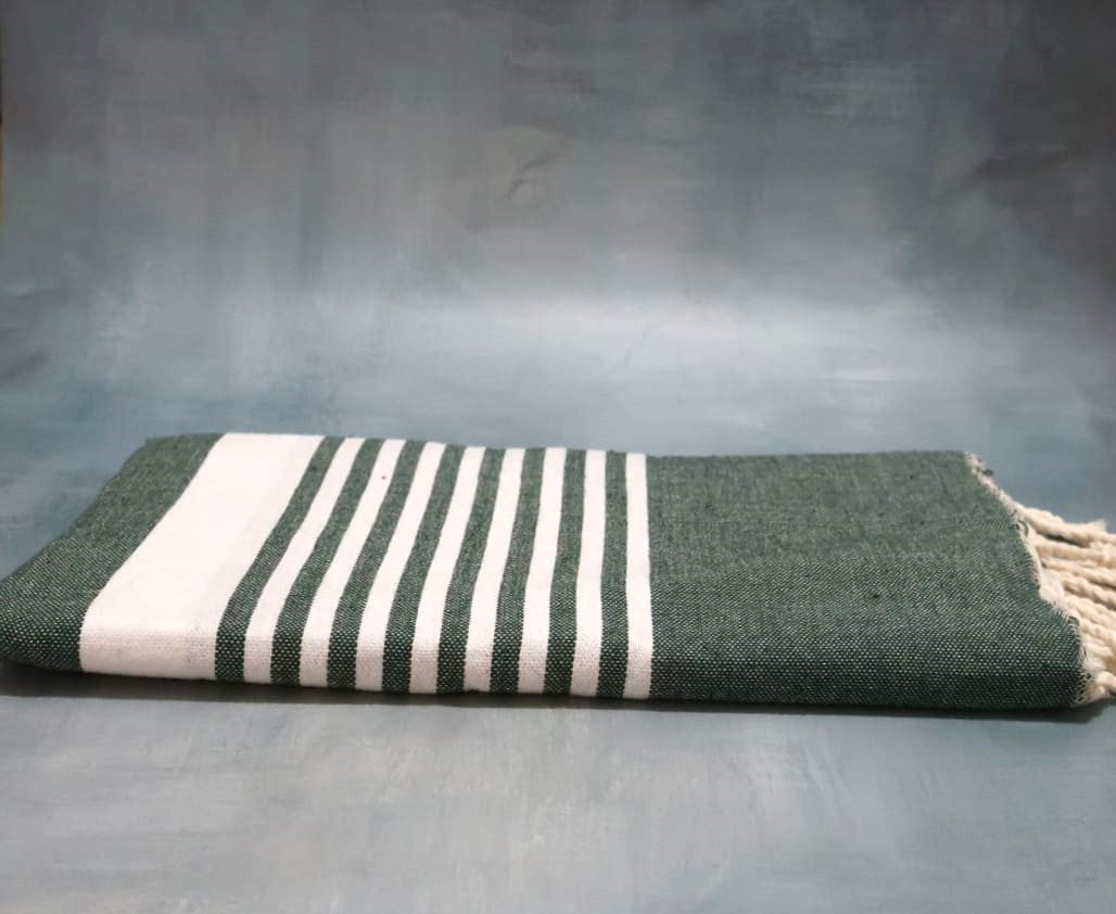 Prosop plajă | Fouta |Tunis Verde Inchis Cu Dungi Albe 200 x 100 cm