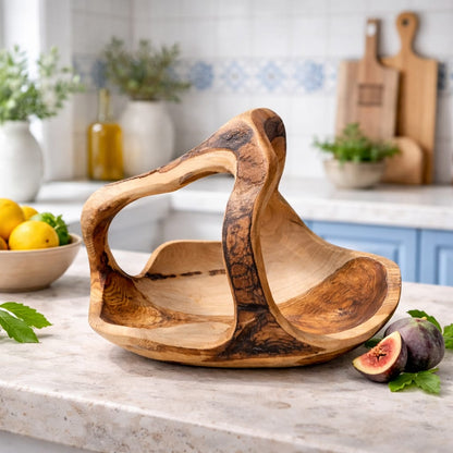 Fructiera din lemn de măslin cu mâner 37 cm