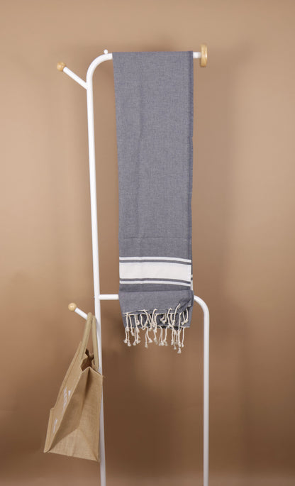 Плажна кърпа Fouta | Тунис | Тъмно сиво с бели райета 200 х 100 см
