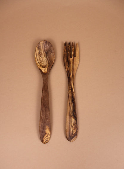 Set lingura si furculita din lemn de măslin 25 cm
